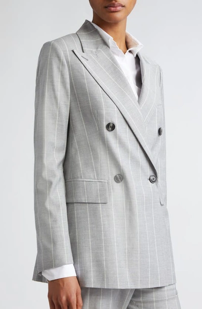 Shop Eleventy Pinstripe Double Breasted Virgin Wool Blend Blazer In Gray