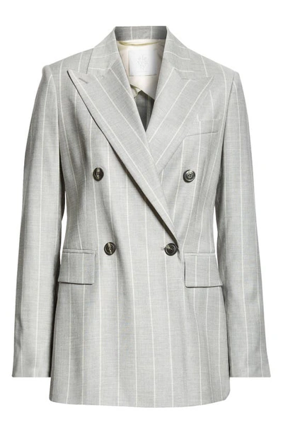 Shop Eleventy Pinstripe Double Breasted Virgin Wool Blend Blazer In Gray