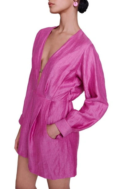 Shop Maje Iroly Linen Blend Long Sleeve Romper In Pink