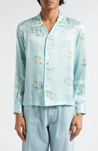 Shop Bode Daisy Floral Print Silk Button-up Shirt In Blue Multi