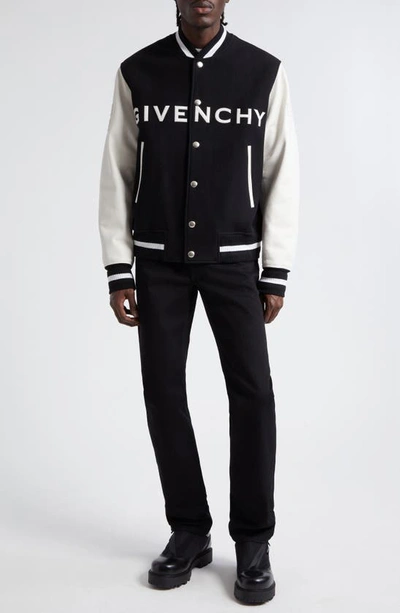 Shop Givenchy Embroidered Logo Mixed Media Leather & Wool Blend Varsity Jacket In Black/ White