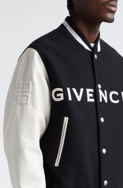 Shop Givenchy Embroidered Logo Mixed Media Leather & Wool Blend Varsity Jacket In Black/ White