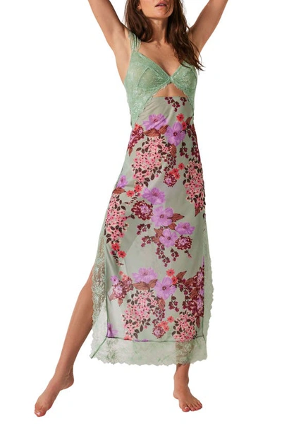 Shop Free People Suddenly Fine Floral Print Cutout Lace Trim Nightgown In Sage Combo
