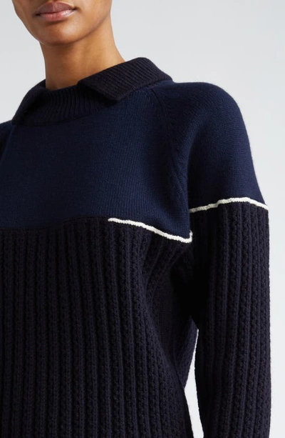 Shop Victoria Beckham Collared Lambswool Mixed Stitch Sweater In Navy