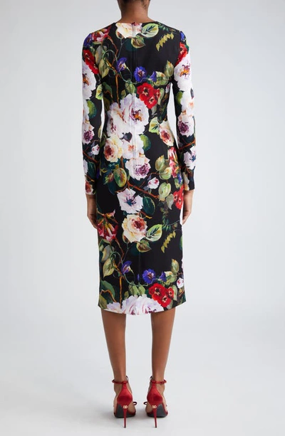 Shop Dolce & Gabbana Floral Print Long Sleeve Charmeuse Sheath Dress In Nero