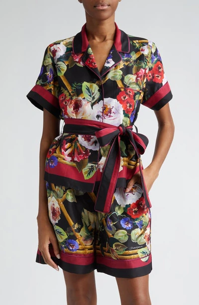 Shop Dolce & Gabbana Floral Belted Silk Camp Shirt In Hh4yaroseto Bordo Rosso
