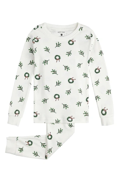 Shop Firsts By Petit Lem Wreath Print Fitted Cotton Two-piece Pajamas In Owh Off White