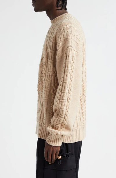 Shop Versace Medusa Embroidered Cable Knit Virgin Wool Sweater In Sand