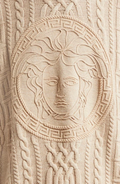 Shop Versace Medusa Embroidered Cable Knit Virgin Wool Sweater In Sand
