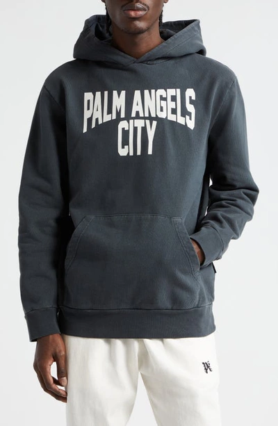 Shop Palm Angels Cotton French Terry Graphic Hoodie In Dark Grey White