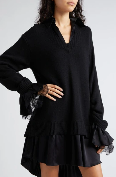 Shop Cinq À Sept Atlas Santina Mixed Media Long Sleeve Sweater Dress In Black/ Black