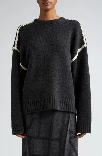 Shop Totême Toteme Shell Stitch Trim Wool, Cashmere & Cotton Sweater In Grey Melange