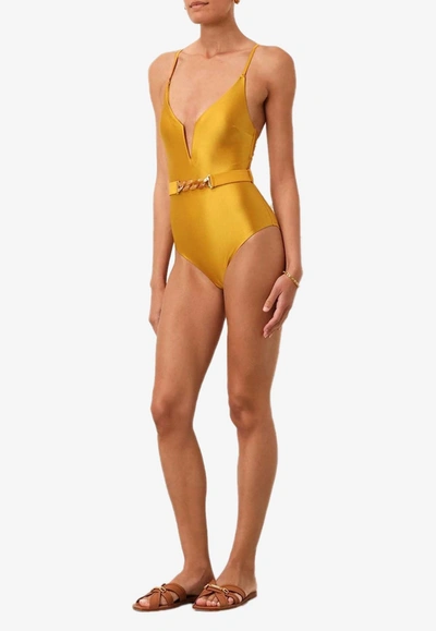 Shop Zimmermann August V-cut One-piece Swimsuit In Yellow