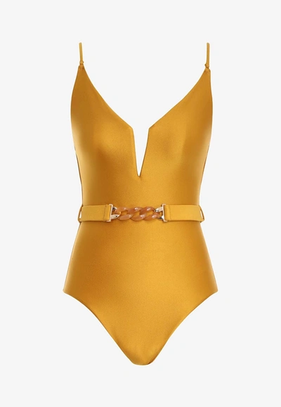 Shop Zimmermann August V-cut One-piece Swimsuit In Yellow
