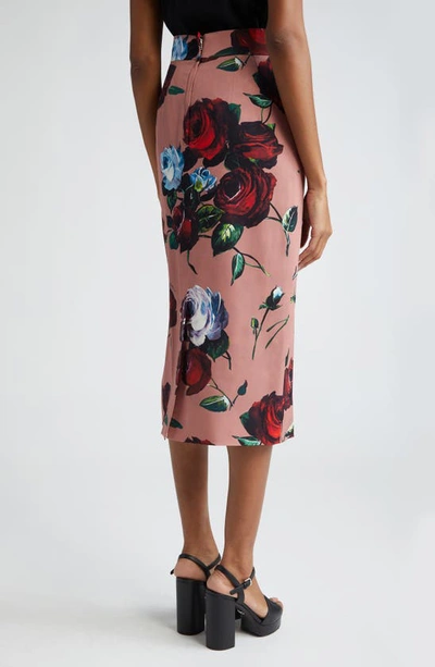 Shop Dolce & Gabbana Rose Print Charmeuse Pencil Skirt In Rose Vintage