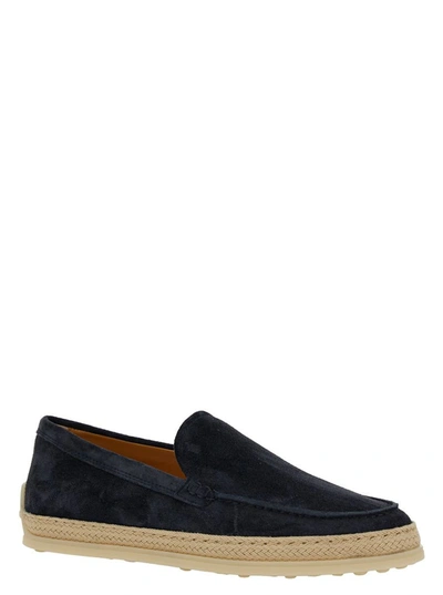 Shop Tod's Black Slip-on Loafers With Rafia Detail In Suede Woman