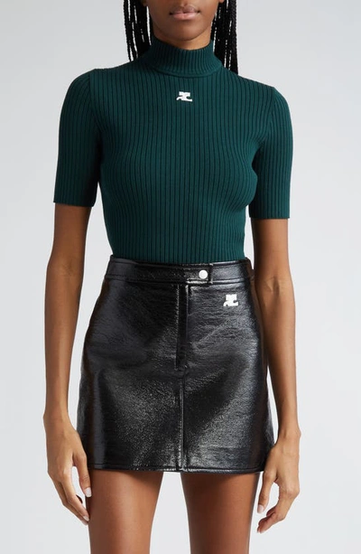 Shop Courrèges Embroidered Logo Mock Neck Rib Sweater In Vert Fonce