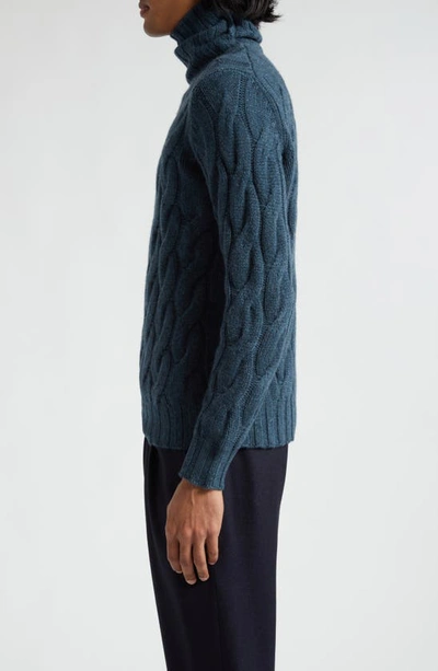 Shop Thom Sweeney Chunky Cable Stitch Cashmere Turtleneck Sweater In Moss Blue