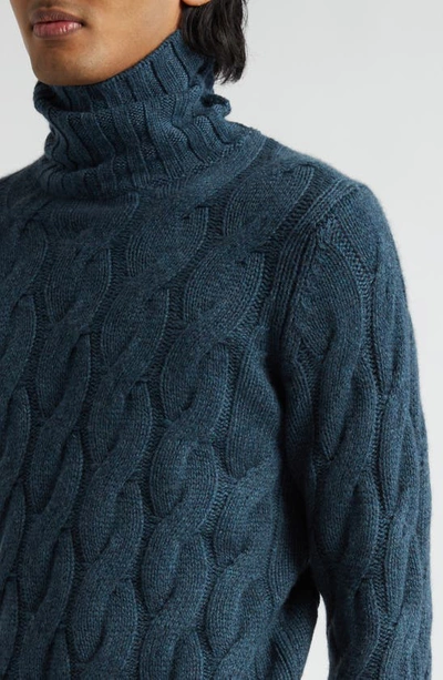 Shop Thom Sweeney Chunky Cable Stitch Cashmere Turtleneck Sweater In Moss Blue