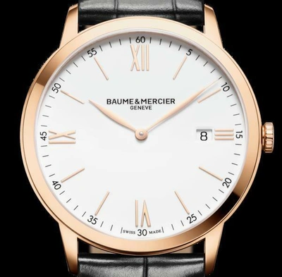 Pre-owned Baume & Mercier Classima Rose-gold Men's Quartz Leather Band Watch Moa10441