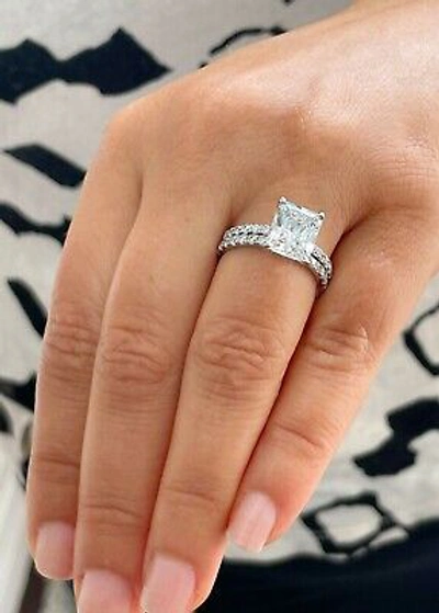 Pre-owned Radiant Igi Certified 14k Solid White Gold  Diamond Engagement Ring And Band 5.30
