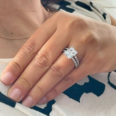 Pre-owned Radiant Igi Certified 14k Solid White Gold  Diamond Engagement Ring And Band 5.30