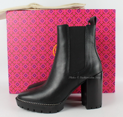 Pre-owned Tory Burch Miller Chelsea 70mm Lug Leather Booties, Black, Us 8.5, Msrp $458