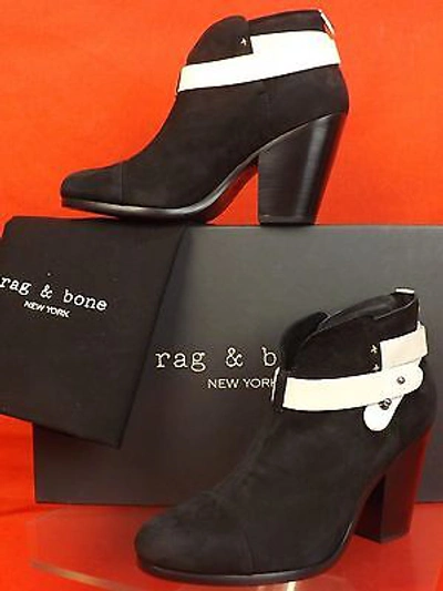 Pre-owned Rag & Bone Black Two Tone Nubuck Belted Harrow Ankle Boots 38.5 $495 In Black/white