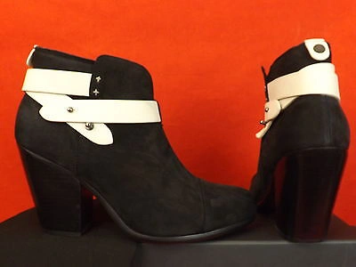 Pre-owned Rag & Bone Black Two Tone Nubuck Belted Harrow Ankle Boots 38.5 $495 In Black/white