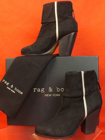 Pre-owned Rag & Bone Newbury Classic Black Nubuck Back Zip Ankle Boots 40 $495 In Black/white