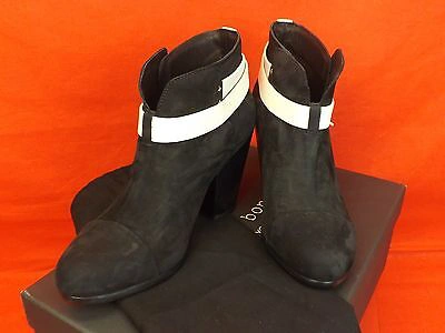 Pre-owned Rag & Bone Black Two Tone Nubuck Belted Harrow Ankle Boots 38.5 $495 In Black/white