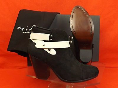 Pre-owned Rag & Bone Black Two Tone Nubuck Belted Harrow Ankle Boots 38.5 $495 In Black/white