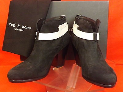 Pre-owned Rag & Bone Black Two Tone Nubuck Belted Harrow Ankle Boots 38.5 $495 In Black/white