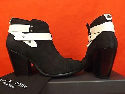 Pre-owned Rag & Bone Black Two Tone Nubuck Belted Harrow Ankle Boots 38.5 $495 In Black/white