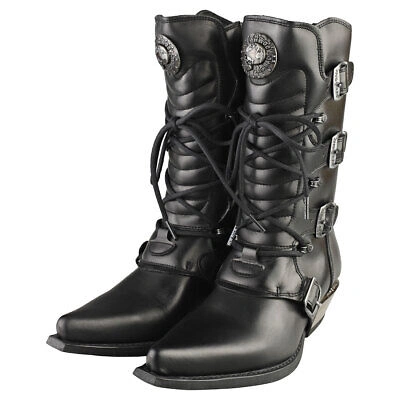 Pre-owned New Rock Rock Cowboy Boots Unisex Black Knee High Boots