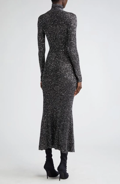 Shop Balenciaga Long Sleeve Sequin Knit Turtleneck Gown In Black/ Silver