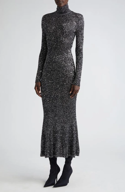Shop Balenciaga Long Sleeve Sequin Knit Turtleneck Gown In Black/ Silver
