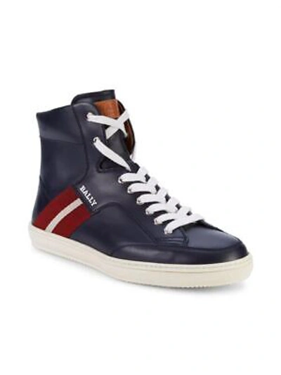 Pre-owned Bally Oldani Men's 6240310 Navy High-top Leather Sneakers Msrp $595 In Blue