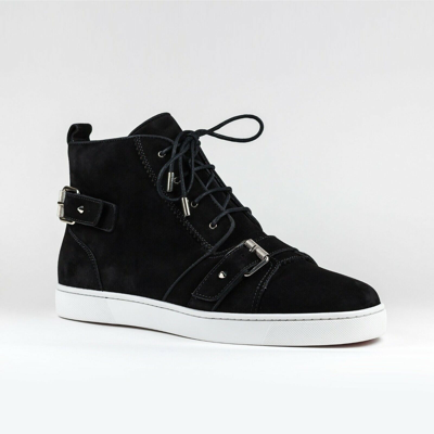 Pre-owned Christian Louboutin Louboutin Nono Strap Flat Black Suede Belted Buckle Logo Hi Top Sneakers 42 9