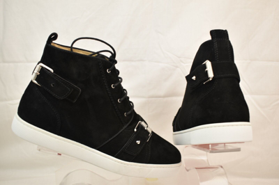 Pre-owned Christian Louboutin Louboutin Nono Strap Flat Black Suede Belted Buckle Logo Hi Top Sneakers 42 9