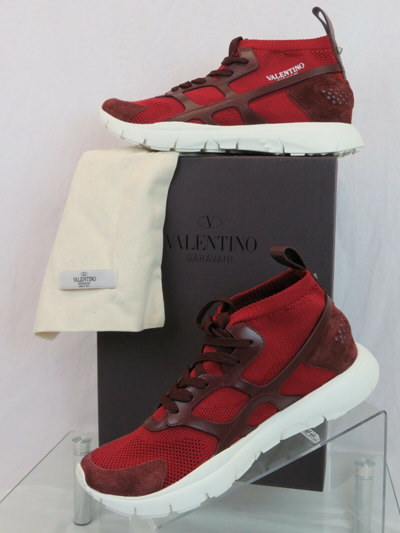 VALENTINO GARAVANI Pre-owned Valentino Red Mesh Burgundy Suede Leather Rockstud Hi Top Sock Sneakers 41 8