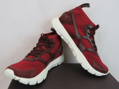 Pre-owned Valentino Garavani Valentino Red Mesh Burgundy Suede Leather Rockstud Hi Top Sock Sneakers 41 8