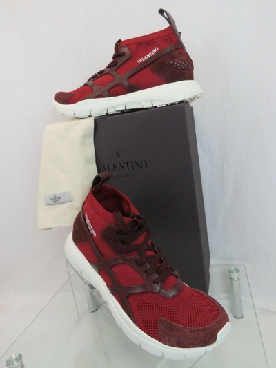 Pre-owned Valentino Garavani Valentino Red Mesh Burgundy Suede Leather Rockstud Hi Top Sock Sneakers 41 8