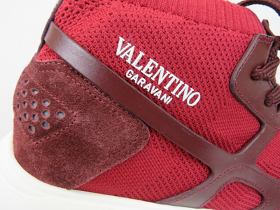 Pre-owned Valentino Garavani Valentino Red Mesh Burgundy Suede Leather Rockstud Hi Top Sock Sneakers 41 8