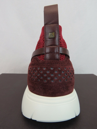 Pre-owned Valentino Garavani Valentino Red Mesh Burgundy Suede Leather Rockstud Hi Top Sock Sneakers 41 8