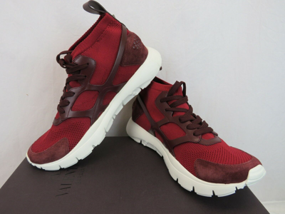 Pre-owned Valentino Garavani Valentino Red Mesh Burgundy Suede Leather Rockstud Hi Top Sock Sneakers 41 8