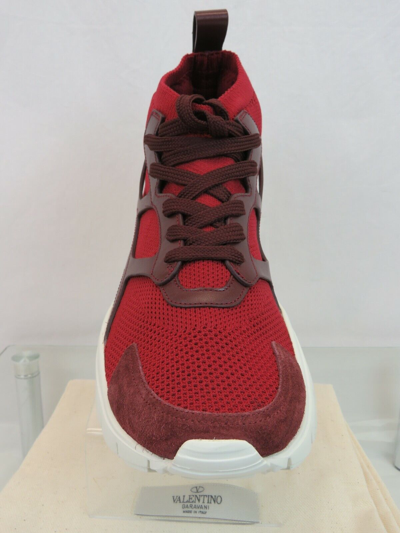 Pre-owned Valentino Garavani Valentino Red Mesh Burgundy Suede Leather Rockstud Hi Top Sock Sneakers 41 8