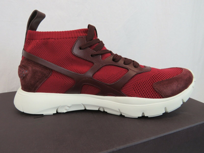 Pre-owned Valentino Garavani Valentino Red Mesh Burgundy Suede Leather Rockstud Hi Top Sock Sneakers 41 8