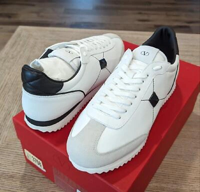 Pre-owned Valentino Garavani $850 Mens  Retro Runner Leather Sneakers White/black 46 Us 13