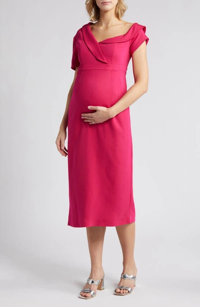 Shop Emilia George Lauren One-shoulder Maternity Midi Dress In Pink